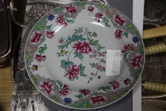 Two Chinese export famille rose shell dishes, a similar plate and two Spode stone china plates